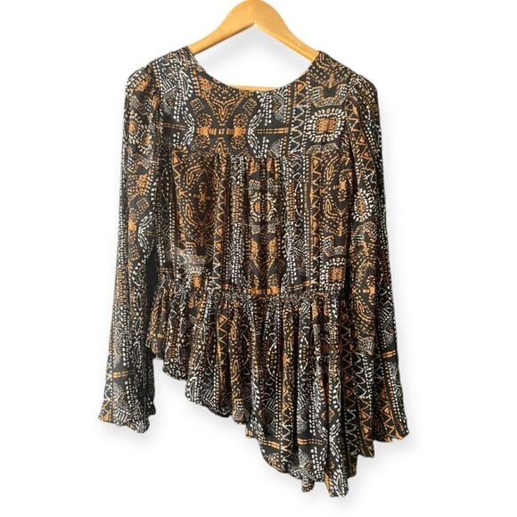 Free People Women's Long Sleeve Black And Brown Dotted V-Neck Blouse Size M - Picture 4 of 7